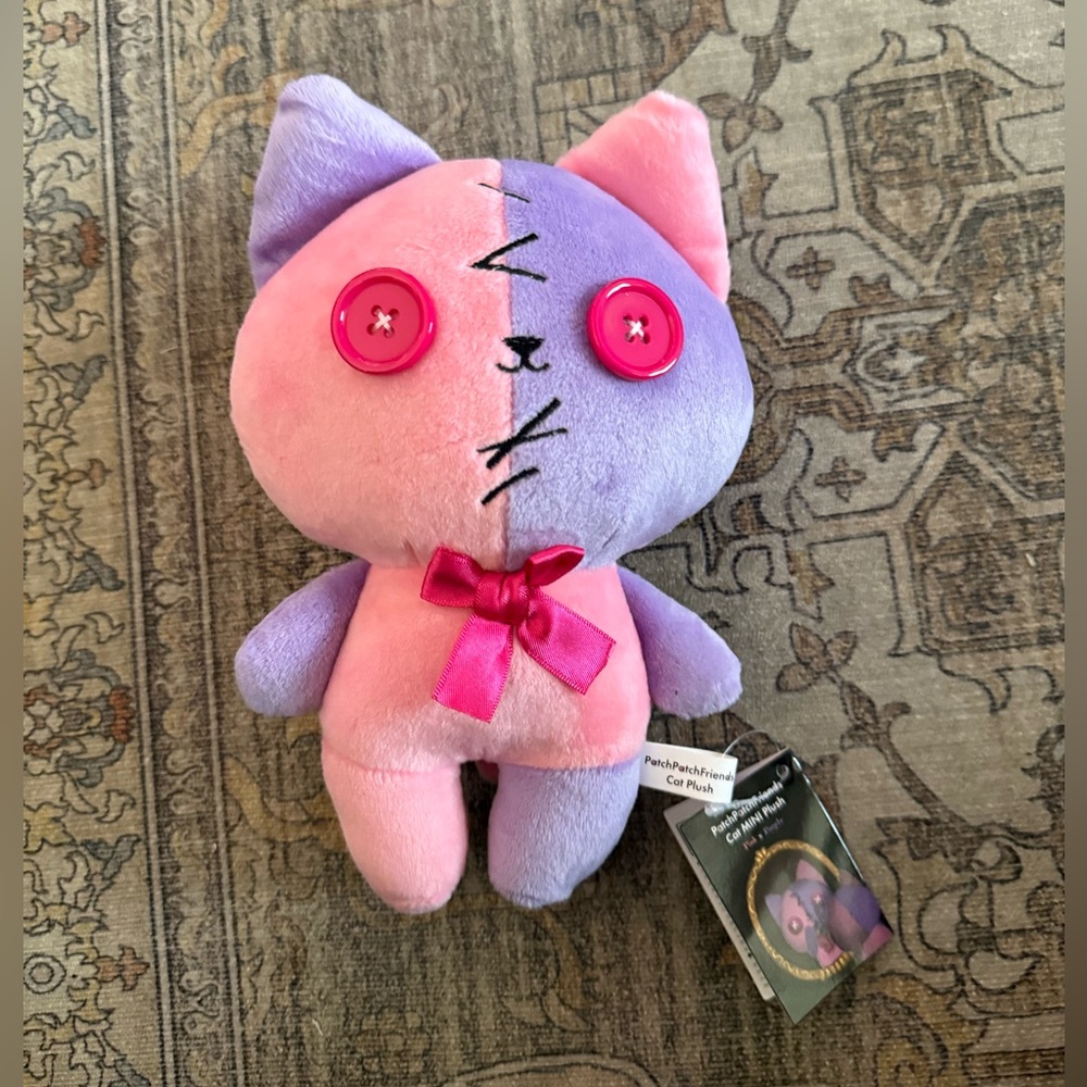 Fukuya Patch Patch Friends Pink And Purple Plush Cat Button Eyes Pink Bowtie 8”